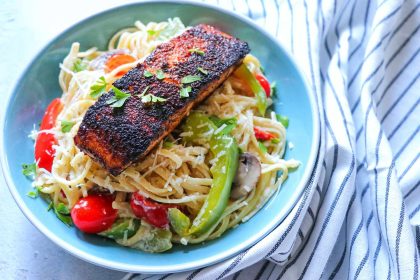 Healthy One Skillet Blackened Salmon Over Cajun Zoodles