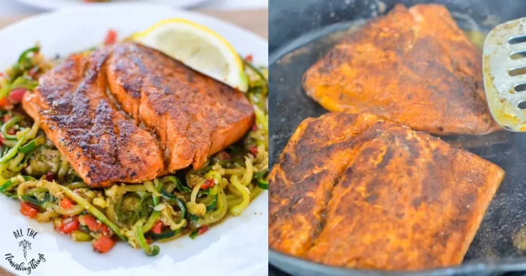 Healthy One Skillet Blackened Salmon Over Cajun Zoodles